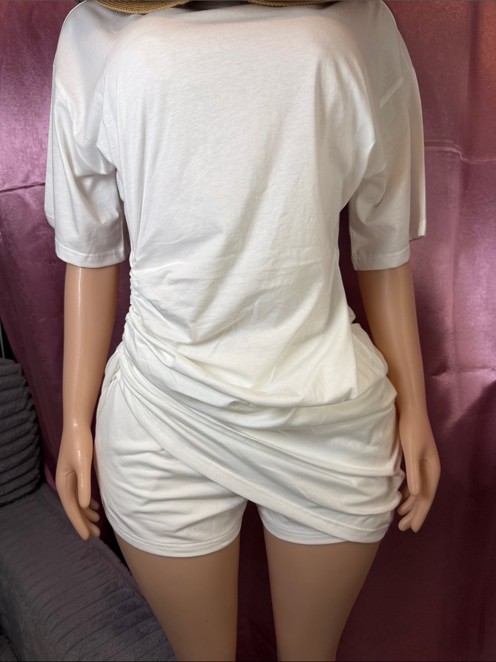 White Ruched Tee and Shorts Set